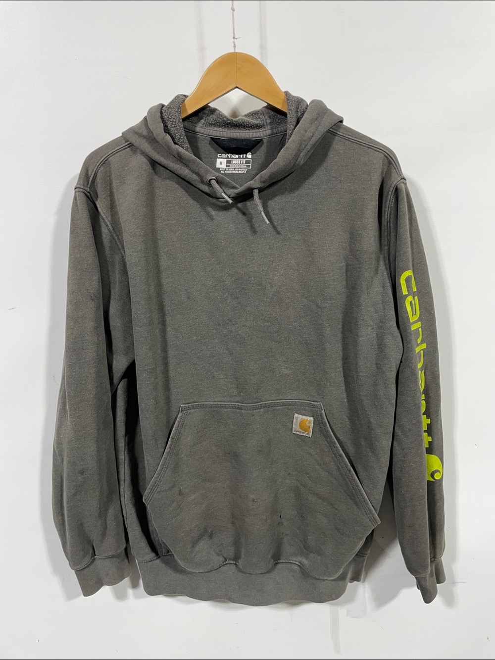 Carhartt Gray Hoodie with Yellow Sleeve Logo